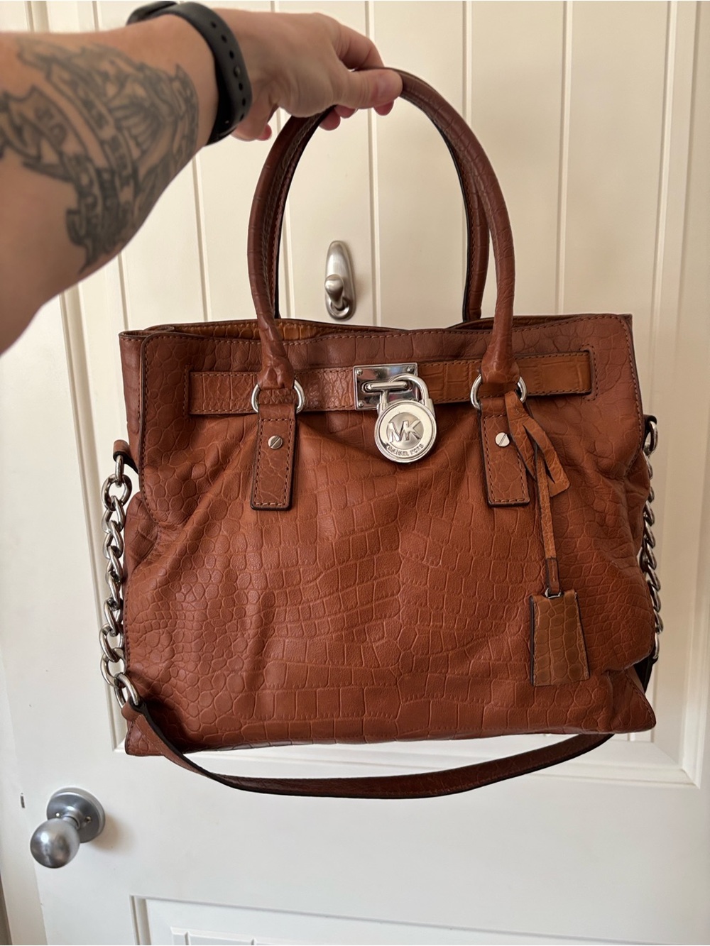 Authentic Michael Kors Hamilton Tall Satchel Cognac Leather Silver Hardware